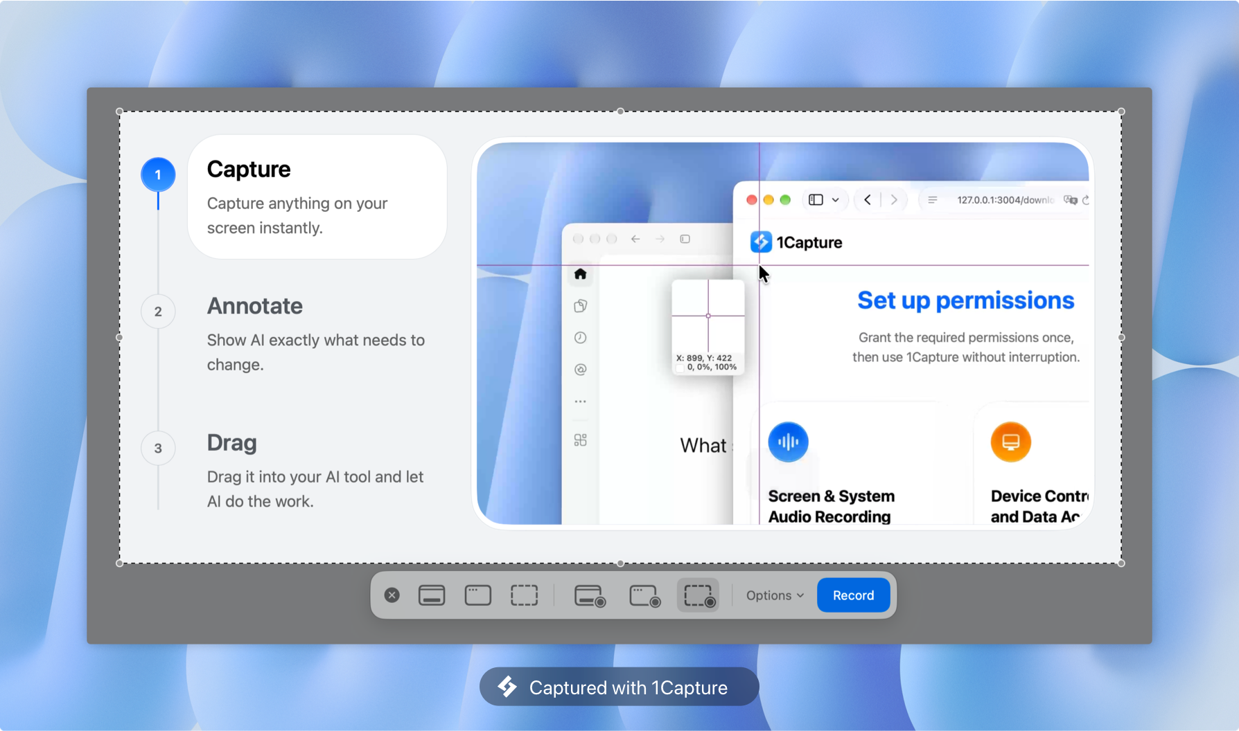 Панель снимков экрана macOS и выбор области захвата